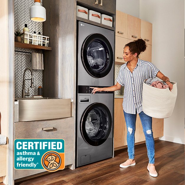 Woman using WashTower and Certified asthma & allergy friendly logo