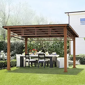 Chandler 12x14  Brown Cedar Wooden Gazebo Pavilion With Hard Top Iron Slope Roof Grill Gazebo