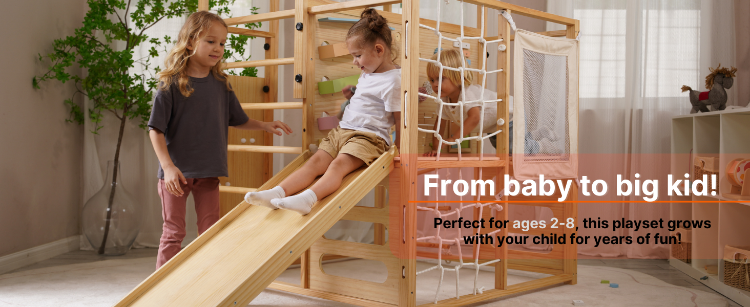 children playing on a wooden indoor jungle gym