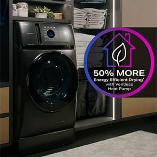 An angled shot of the appliance. An icon with a leaf inside of a house reads "50% more energy efficient drying with ventless heat pump." An angled shot of the appliance. An icon with a leaf inside of a house reads "50% more energy efficient drying with ventless heat pump."