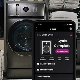 A smartphone in front of the appliance displays options and the cycle status for the combo washer and dryer. A smartphone in front of the appliance displays options and the cycle status for the combo washer and dryer.