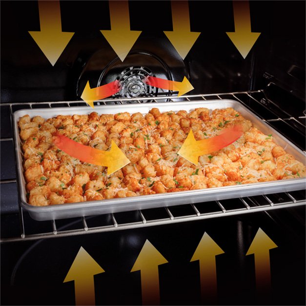 Tater tots air frying in the oven with arrow graphics swirling to indicate heat and temperature and direction of air flow. Tater tots air frying in the oven with arrow graphics swirling to indicate heat and temperature and direction of air flow.