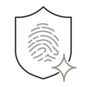An icon of a shield with a fingerprint in the center. A small sparkle is superimposed in the bottom right corner. An icon of a shield with a fingerprint in the center. A small sparkle is superimposed in the bottom right corner.