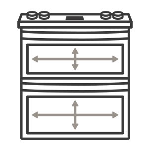 An icon of the range. Arrows measure the capacity of the oven's cavities. An icon of the range. Arrows measure the capacity of the oven's cavities.
