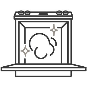 An icon of an open oven viewed from the front. A cloud of steam inside the cavity cleans the interior to a shine. An icon of an open oven viewed from the front. A cloud of steam inside the cavity cleans the interior to a shine.
