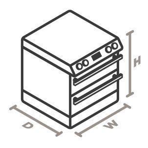An icon of the appliance viewed from a corner looking down. Lines designate and measure the height, width, and depth of each side An icon of the appliance viewed from a corner looking down. Lines designate and measure the height, width, and depth of each side