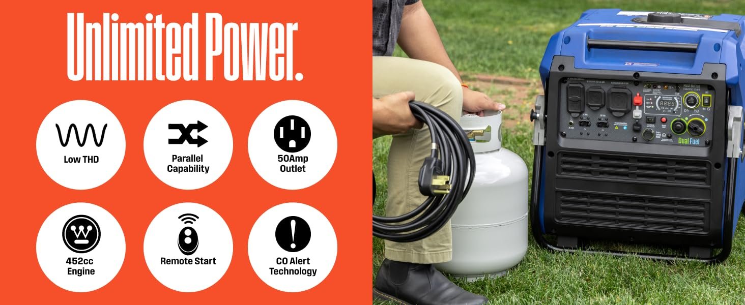 A person kneels next to the iGen11000DFc holding a power cold and a 20 lb propane tank.