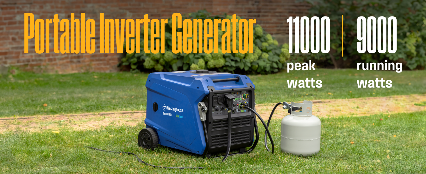 The Westinghouse iGen11000DFc hooked up to a propane tank, and a power cord, sitting in a yard.