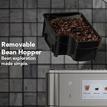 Close up image of removable bean hopper on SS KF7 Fully Automatic Espresso Machine.